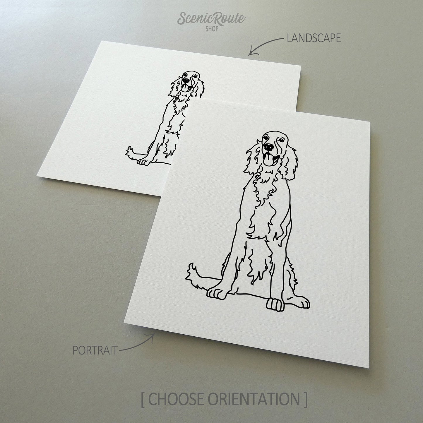 Two line art drawings of an Irish Setter dog on white linen paper with a gray background.  The pieces are shown in portrait and landscape orientation for the available art print options.
