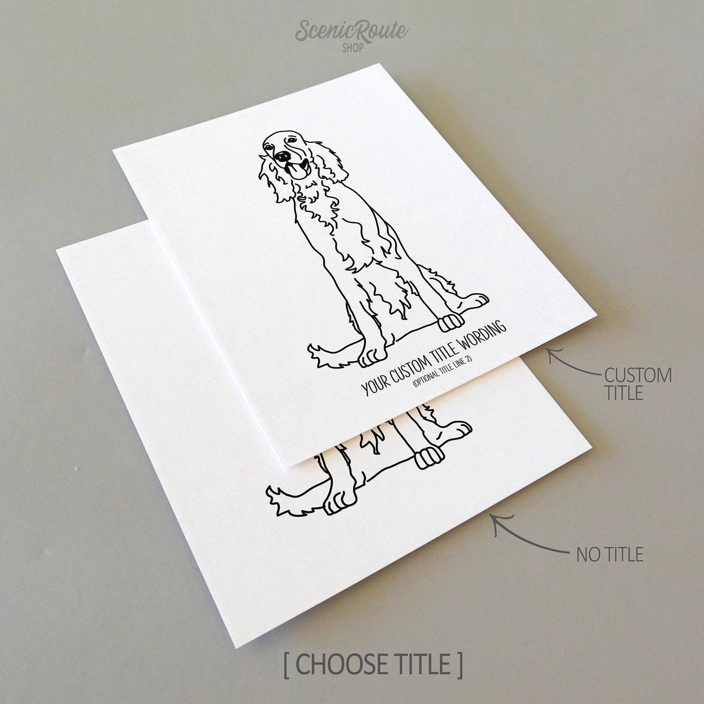 Two line art drawings of an Irish Setter dog on white linen paper with a gray background.  The pieces are shown with “No Title” and “Custom Title” options for the available art print options.