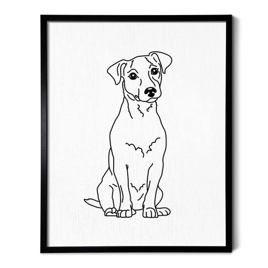 A line art drawing of a Jack Russell Terrier dog on white linen paper in a thin black picture frame