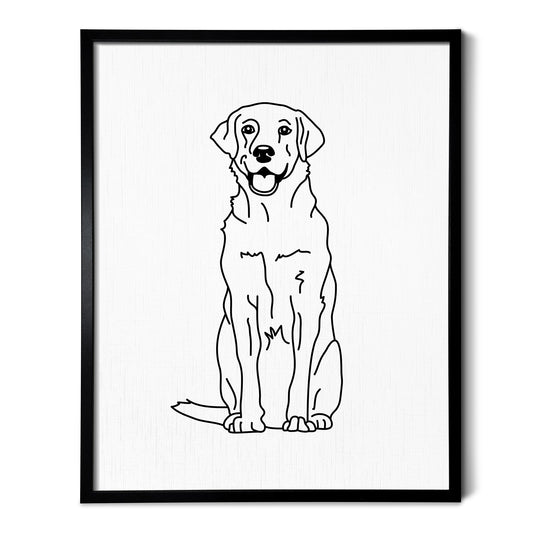 A line art drawing of a Labrador dog on white linen paper in a thin black picture frame