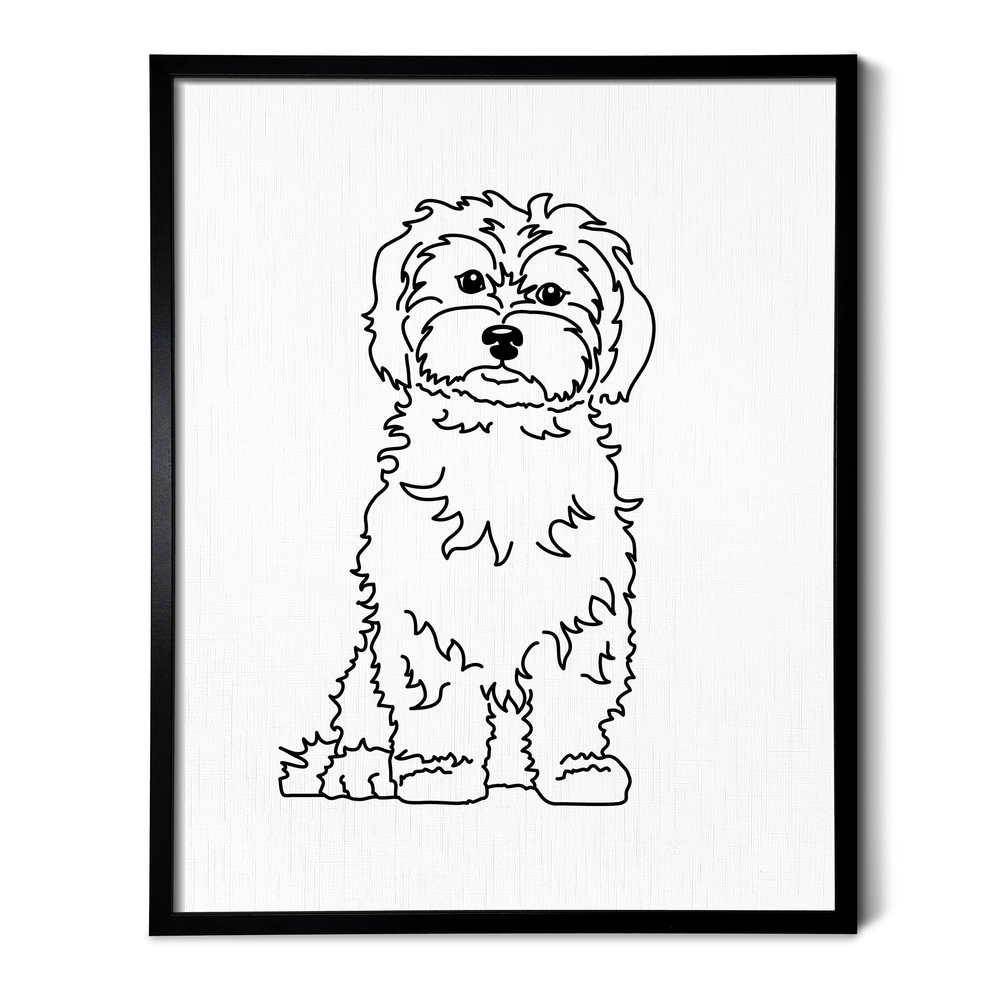 A line art drawing of a Maltese dog on white linen paper in a thin black picture frame