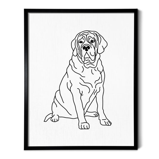 A line art drawing of a Mastiff dog on white linen paper in a thin black picture frame