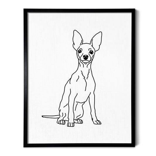 A line art drawing of a Miniature Pinscher dog on white linen paper in a thin black picture frame