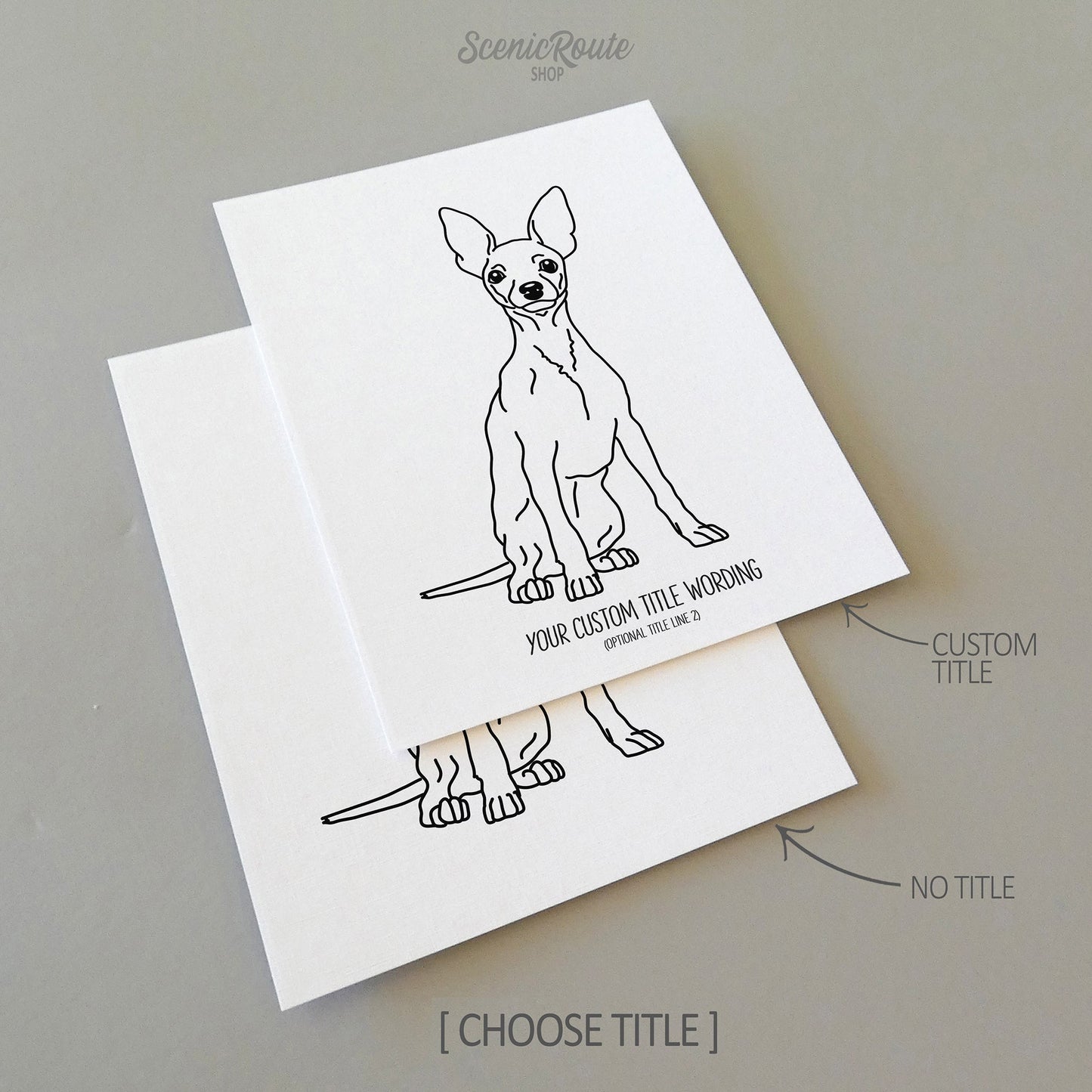 Two line art drawings of a Miniature Pinscher dog on white linen paper with a gray background.  The pieces are shown with “No Title” and “Custom Title” options for the available art print options.