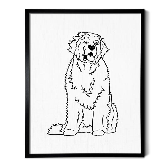A line art drawing of a Newfoundland dog on white linen paper in a thin black picture frame