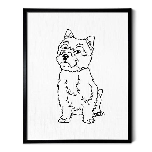 A line art drawing of a Norwich Terrier dog on white linen paper in a thin black picture frame