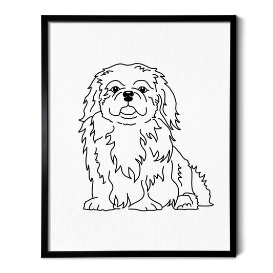 A line art drawing of a Pekingese dog on white linen paper in a thin black picture frame