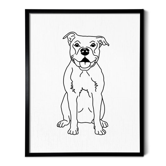 A line art drawing of a Pitbull dog on white linen paper in a thin black picture frame