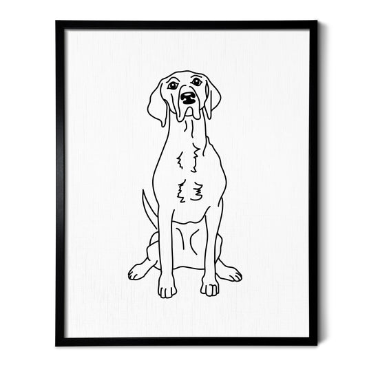 A line art drawing of a Pointer dog on white linen paper in a thin black picture frame