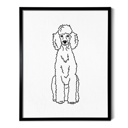 A line art drawing of a Poodle dog on white linen paper in a thin black picture frame