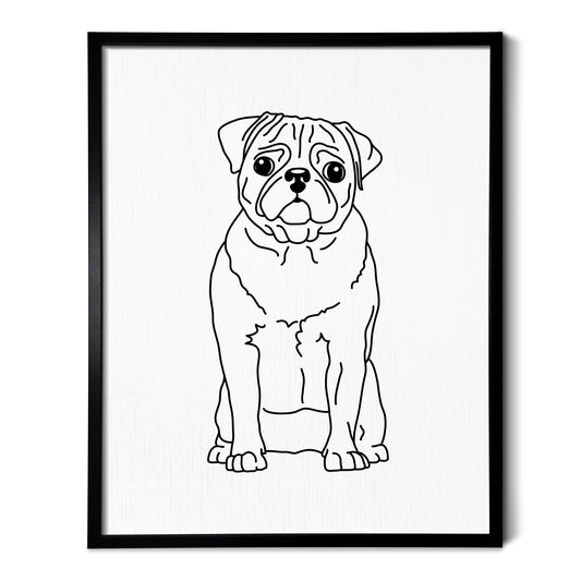 A line art drawing of a Pug dog on white linen paper in a thin black picture frame