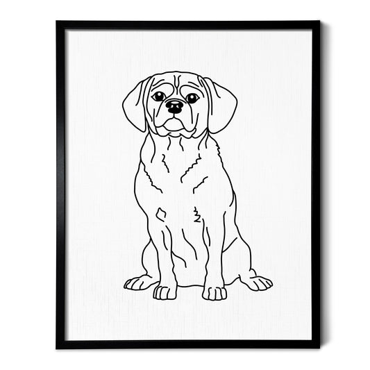 A line art drawing of a Puggle dog on white linen paper in a thin black picture frame