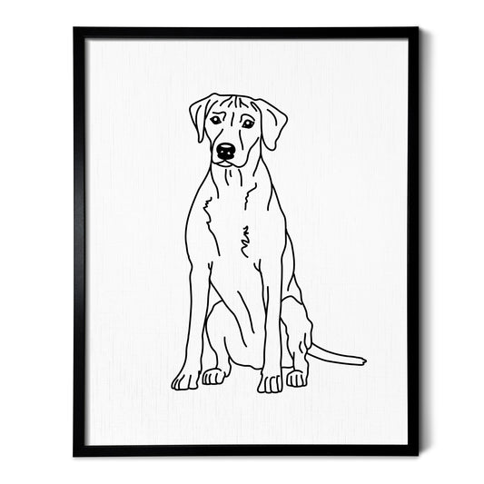 A line art drawing of a Rhodesian Ridgeback dog on white linen paper in a thin black picture frame