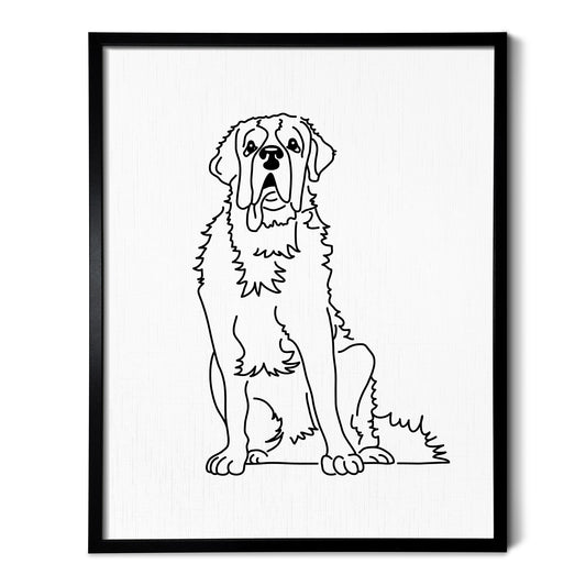 A line art drawing of a Saint Bernard dog on white linen paper in a thin black picture frame