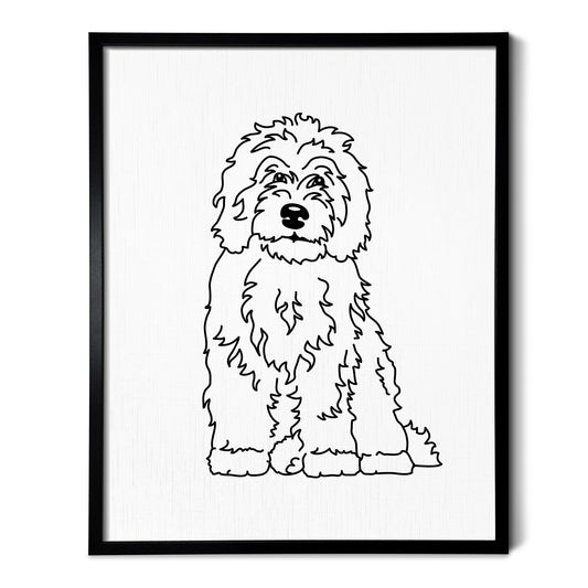 A line art drawing of a Sheepadoodle dog on white linen paper in a thin black picture frame