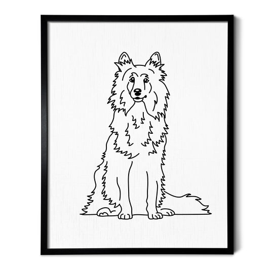 A line art drawing of a Shetland Sheepdog dog on white linen paper in a thin black picture frame
