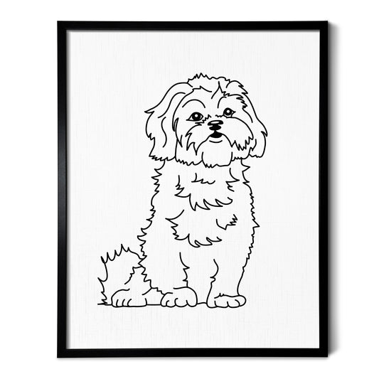 A line art drawing of a Shih Tzu dog on white linen paper in a thin black picture frame