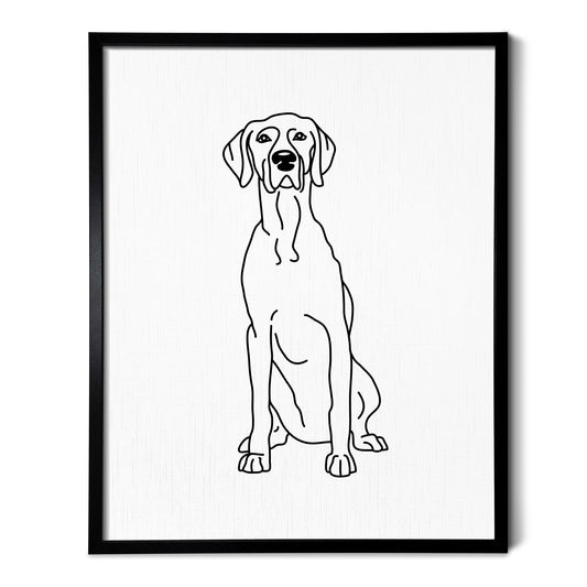 A line art drawing of a Weimaraner dog on white linen paper in a thin black picture frame