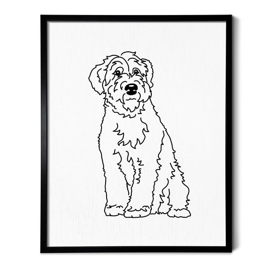 A line art drawing of a Wheaten Terrier dog on white linen paper in a thin black picture frame