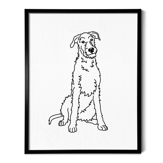 A line art drawing of a Wolfhound dog on white linen paper in a thin black picture frame