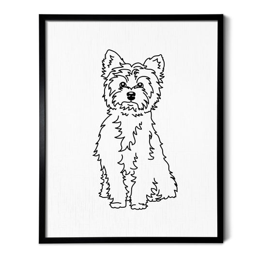 A line art drawing of a Yorkshire Terrier dog on white linen paper in a thin black picture frame