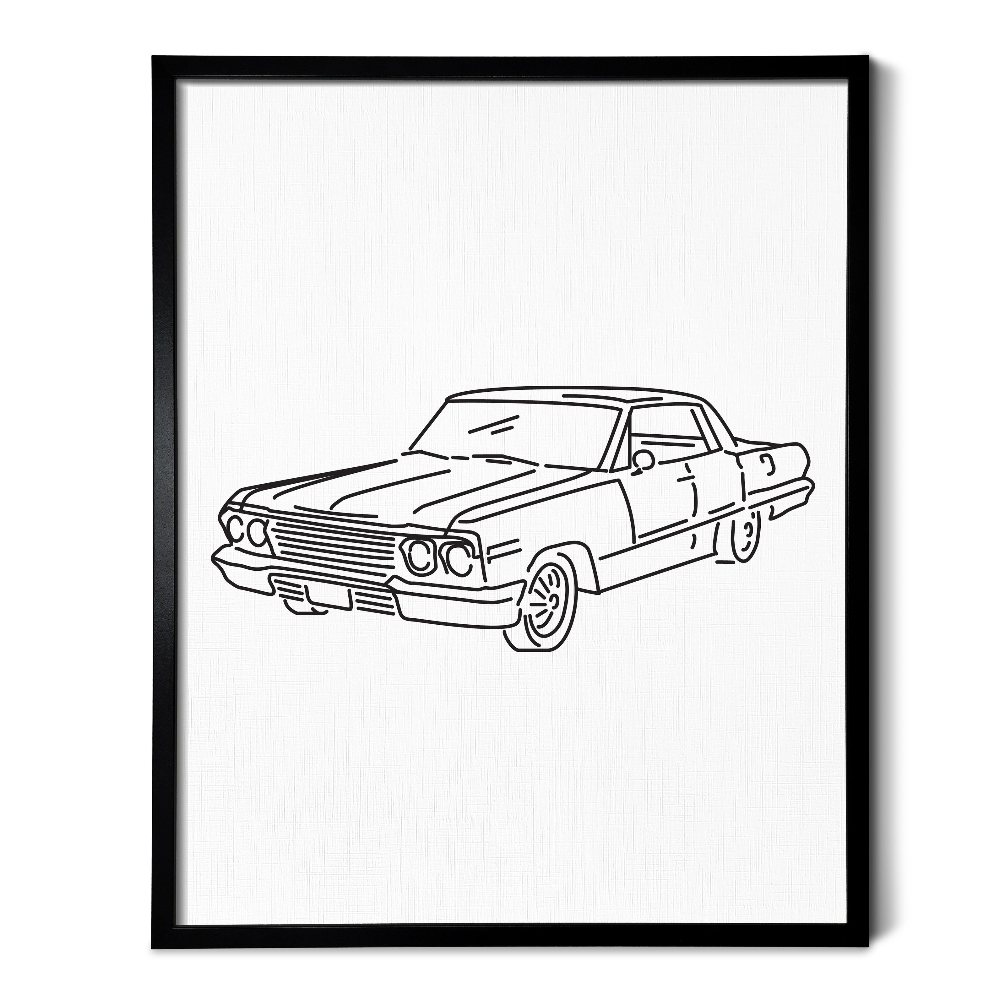 A line art drawing of a car on white linen paper in a thin black picture frame