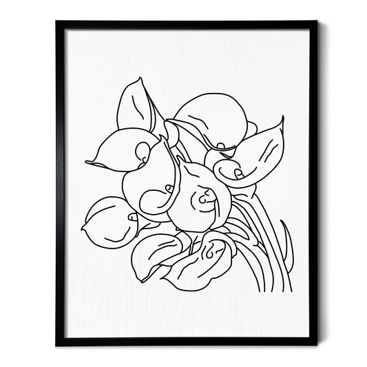 A line art drawing of a Calla Lily Flower on white linen paper in a thin black picture frame