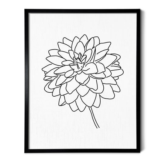 A line art drawing of a Dahlia Flower on white linen paper in a thin black picture frame