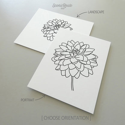 Two line art drawings of a Dahlia Flower on white linen paper with a gray background.  The pieces are shown in portrait and landscape orientation for the available art print options.