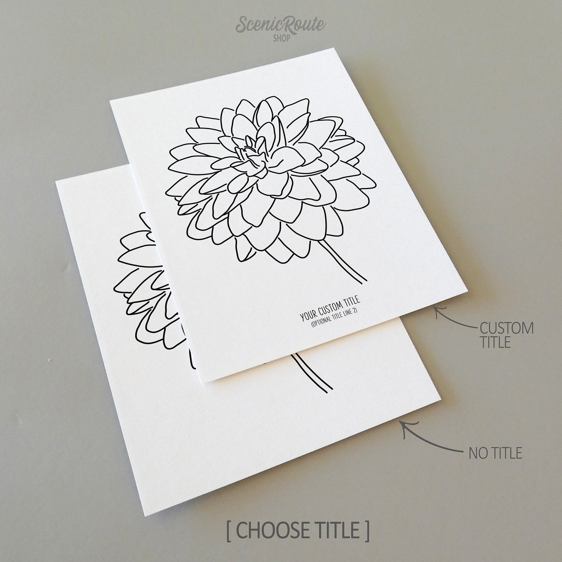 Two line art drawings of a Dahlia Flower on white linen paper with a gray background.  The pieces are shown with “No Title” and “Custom Title” options for the available art print options.