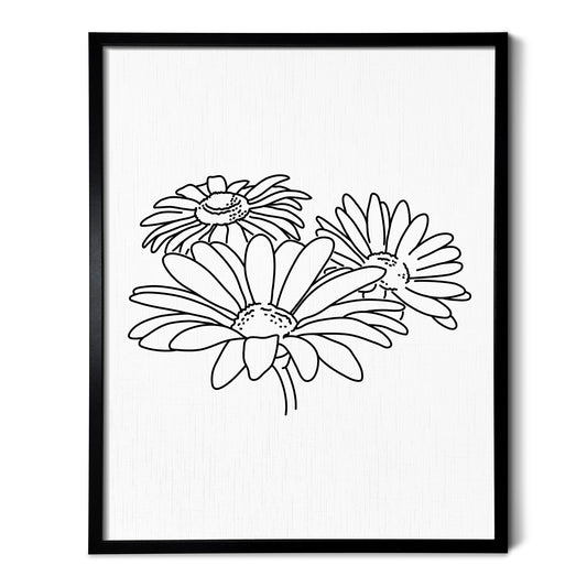 A line art drawing of a Daisy Flower on white linen paper in a thin black picture frame