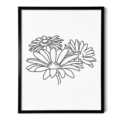 A line art drawing of a Daisy Flower on white linen paper in a thin black picture frame