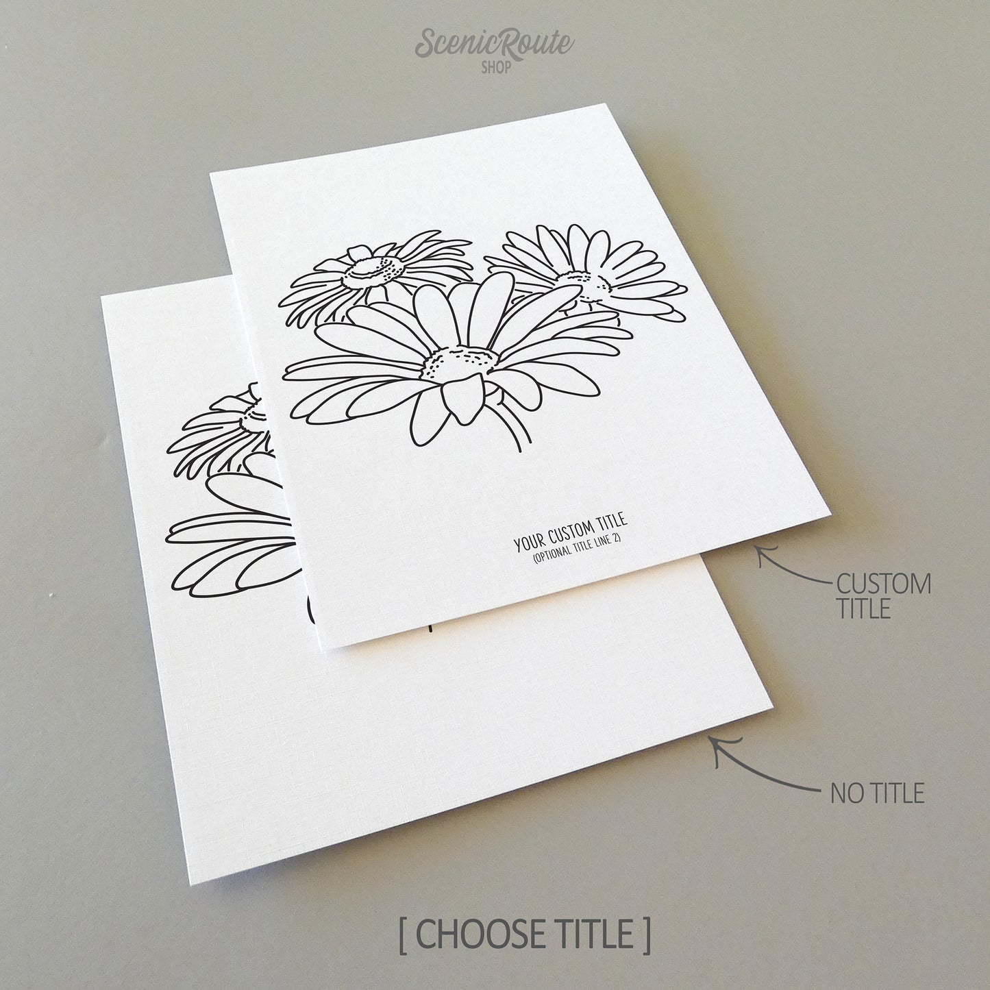 Two line art drawings of Daisy Flowers on white linen paper with a gray background.  The pieces are shown with “No Title” and “Custom Title” options for the available art print options.
