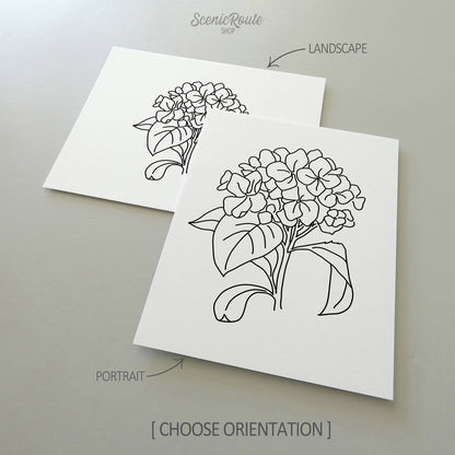 Two line art drawings of a Hydrangea Flower on white linen paper with a gray background.  The pieces are shown in portrait and landscape orientation for the available art print options.