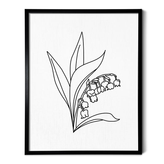 A line art drawing of a Lily of the Valley Flower on white linen paper in a thin black picture frame