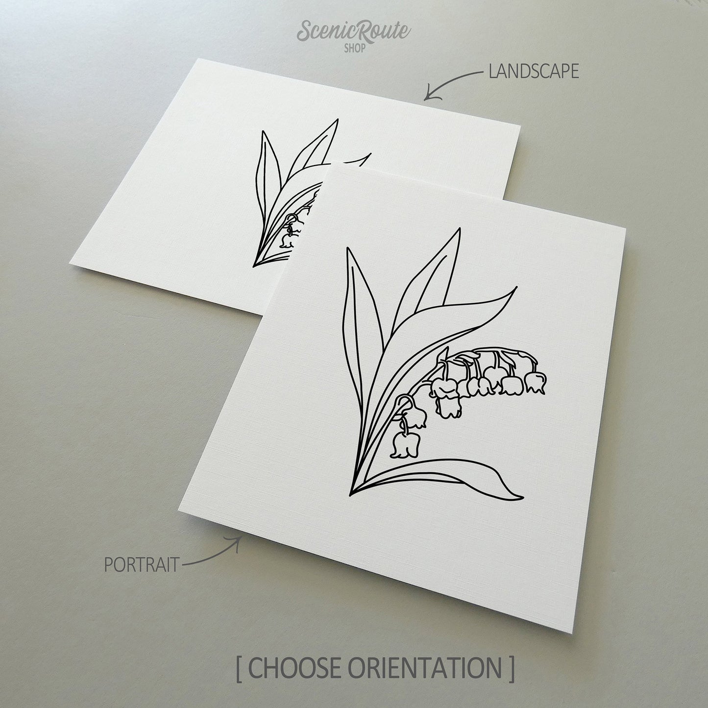 Two line art drawings of a Lily of the Valley Flower on white linen paper with a gray background.  The pieces are shown in portrait and landscape orientation for the available art print options.