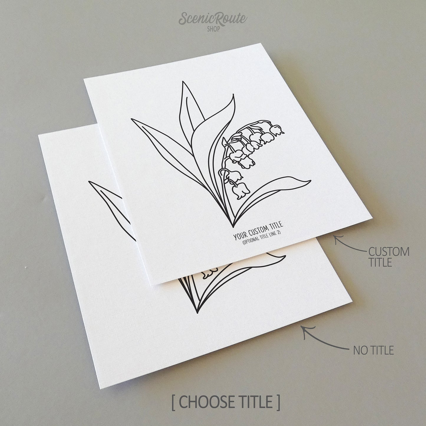 Two line art drawings of a Lily of the Valley Flower on white linen paper with a gray background.  The pieces are shown with “No Title” and “Custom Title” options for the available art print options.
