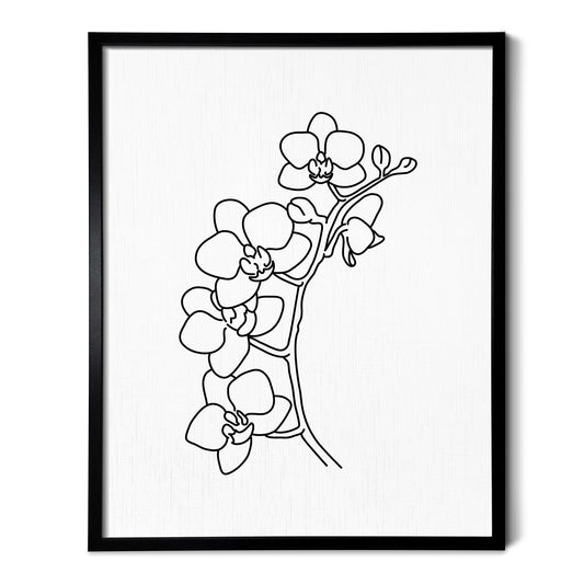 A line art drawing of a Orchid Flower on white linen paper in a thin black picture frame