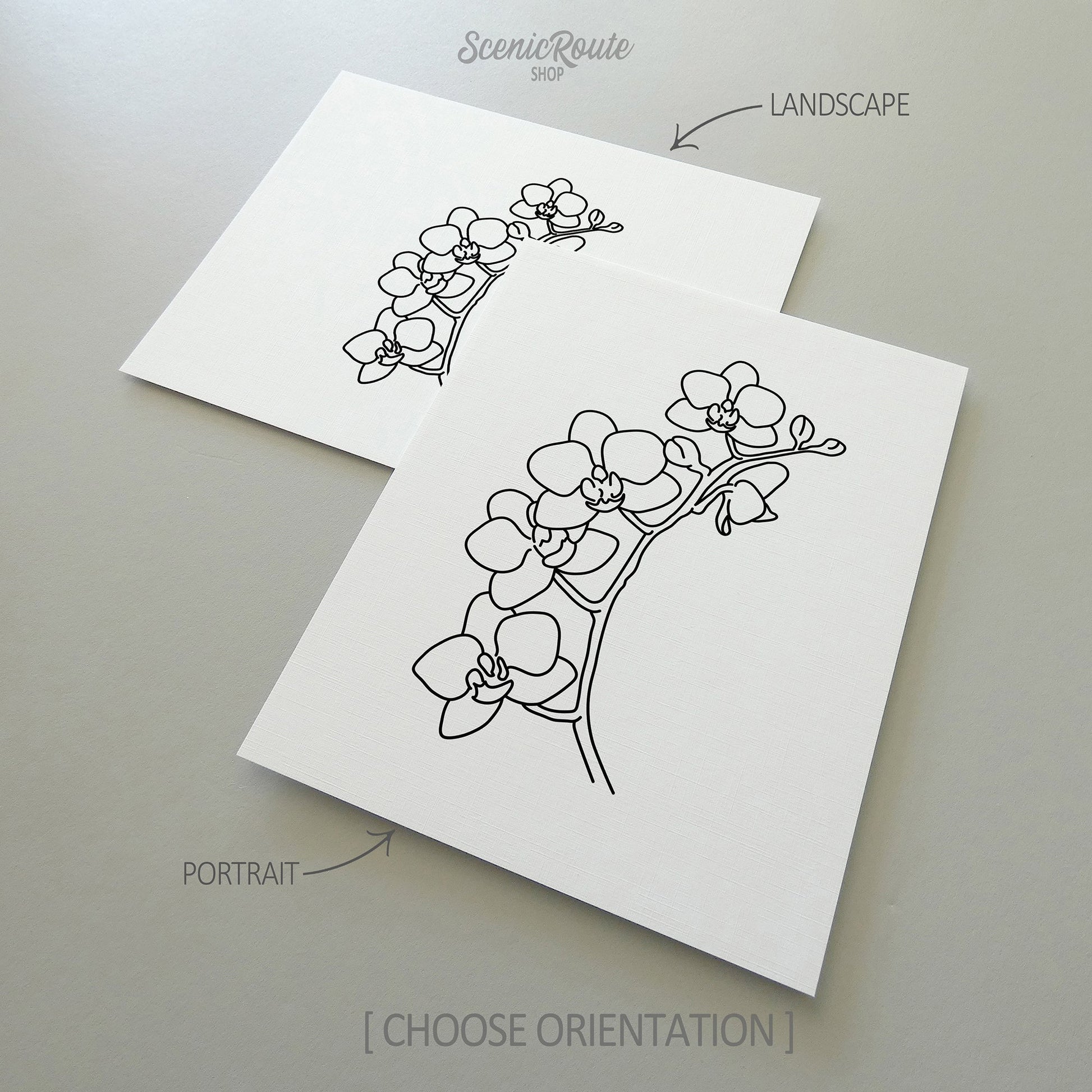 Two line art drawings of a Orchid Flower on white linen paper with a gray background.  The pieces are shown in portrait and landscape orientation for the available art print options.