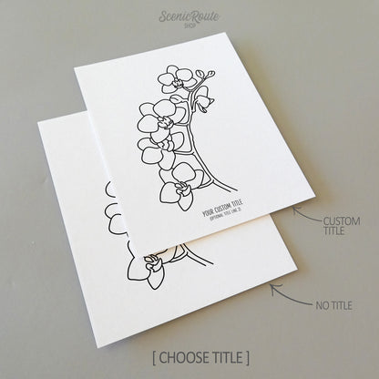 Two line art drawings of an Orchid Flower on white linen paper with a gray background.  The pieces are shown with “No Title” and “Custom Title” options for the available art print options.