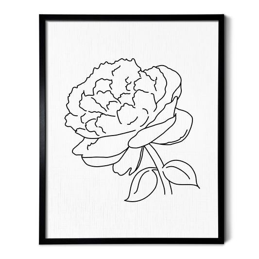 A line art drawing of a Peony Flower on white linen paper in a thin black picture frame