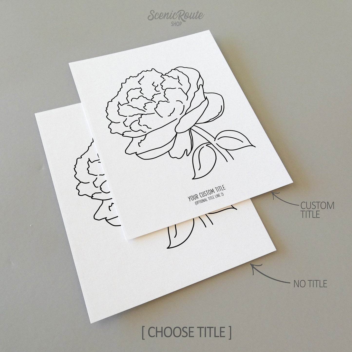Two line art drawings of a Peony Flower on white linen paper with a gray background. The pieces are shown with “No Title” and “Custom Title” options for the available art print options.