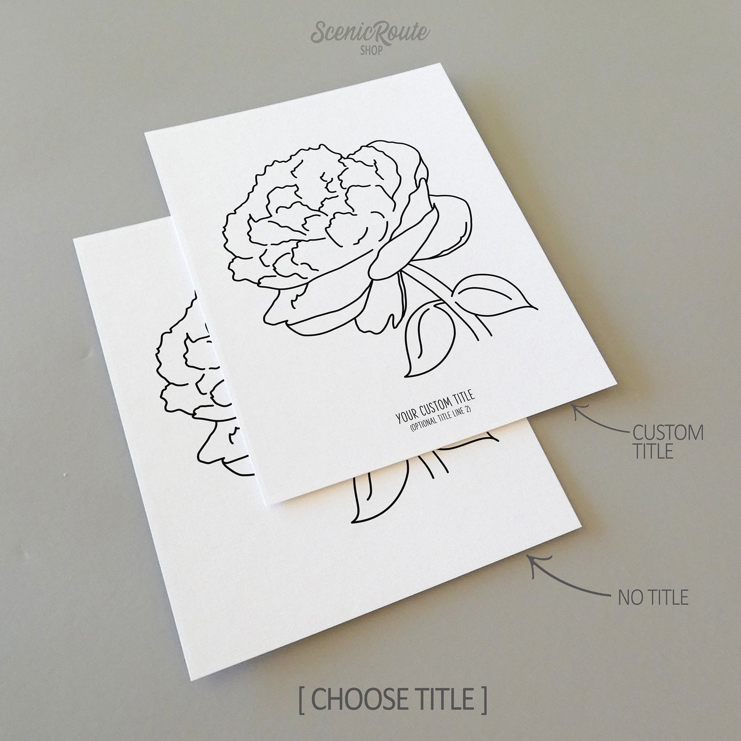 Two line art drawings of a Peony Flower on white linen paper with a gray background.  The pieces are shown with “No Title” and “Custom Title” options for the available art print options.