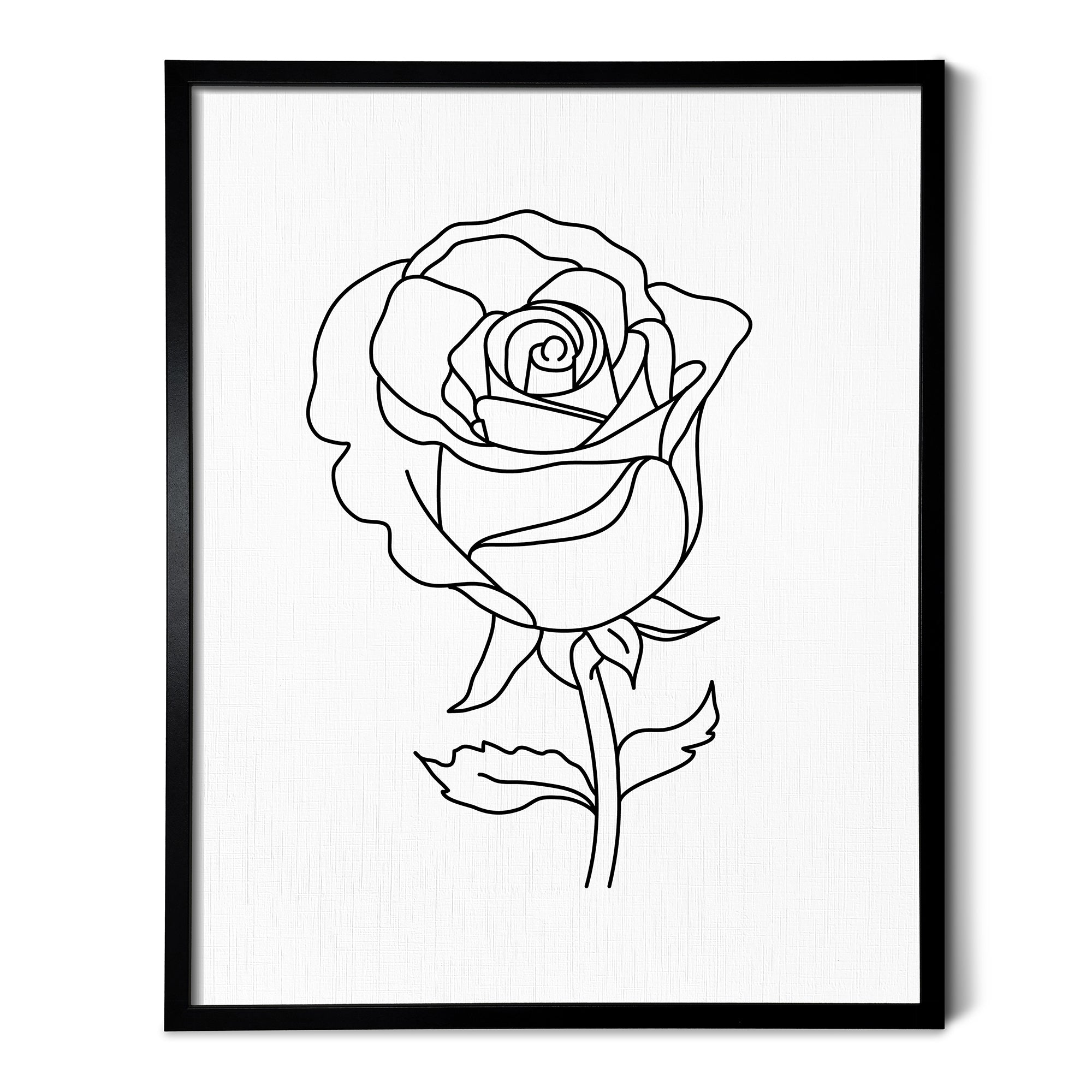 A line art drawing of a Rose Flower on white linen paper in a thin black picture frame
