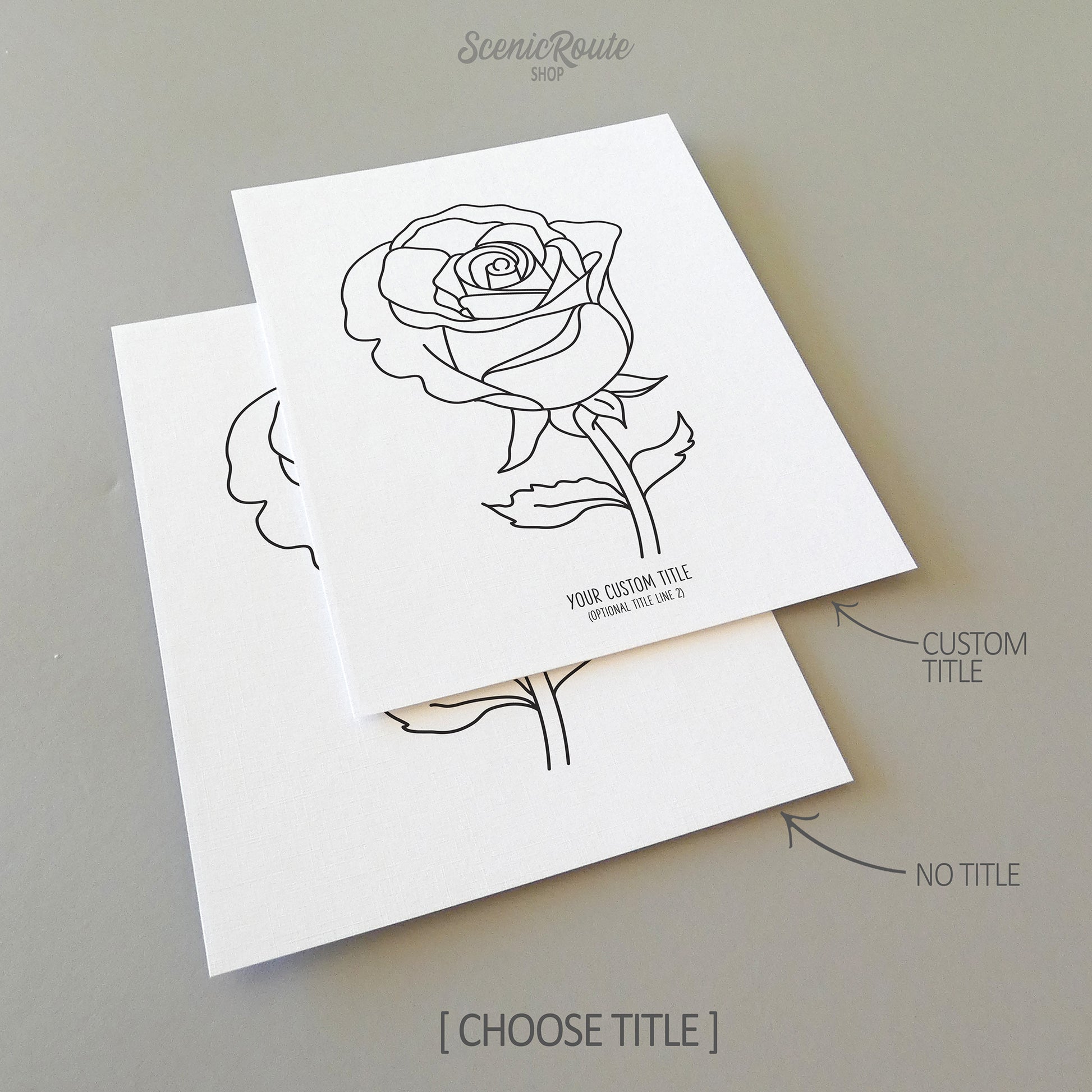 Two line art drawings of a Rose Flower on white linen paper with a gray background.  The pieces are shown with “No Title” and “Custom Title” options for the available art print options.