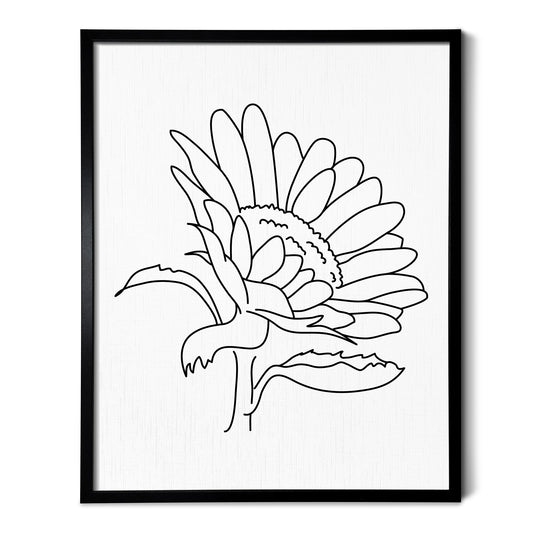 A line art drawing of a Sunflower Flower on white linen paper in a thin black picture frame