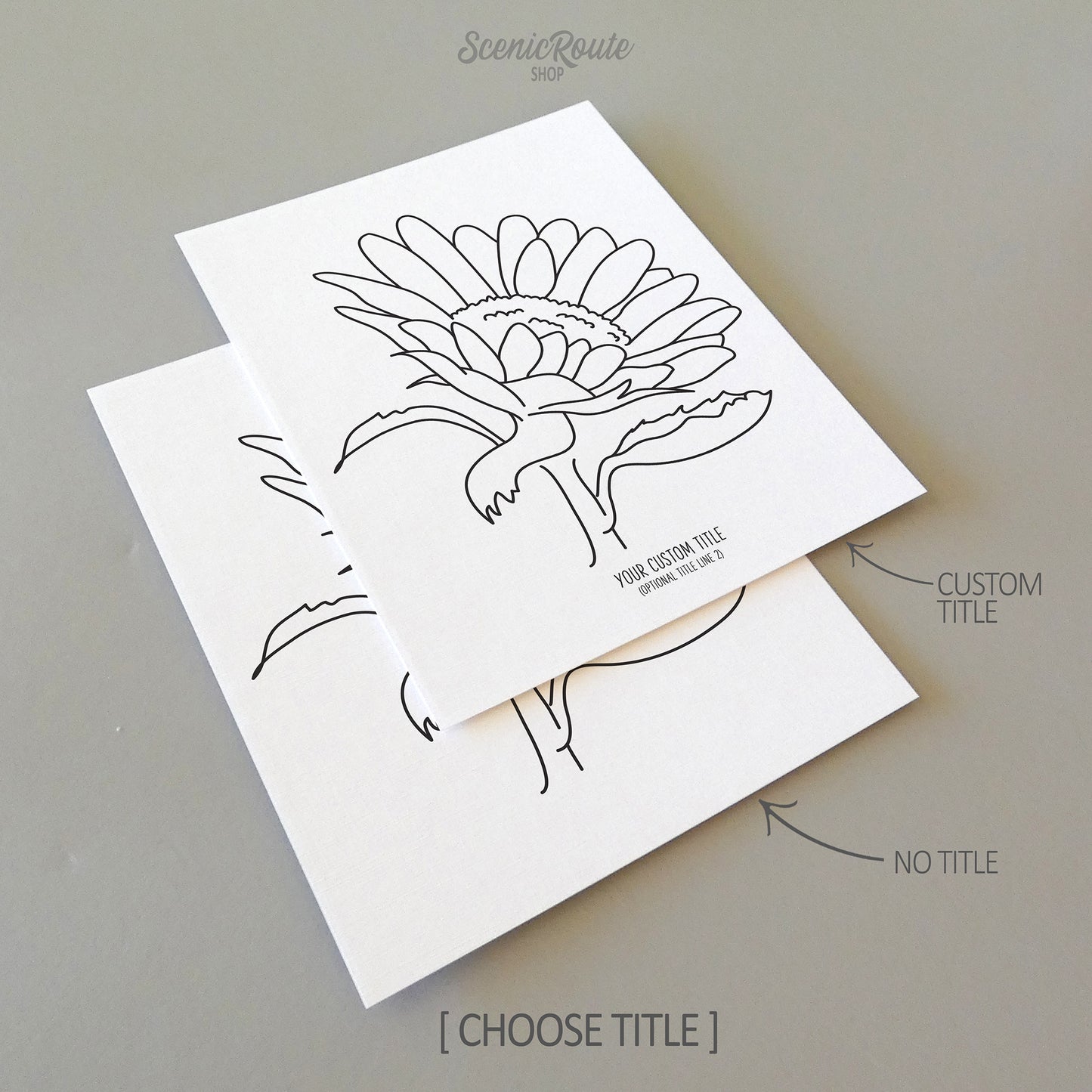 Two line art drawings of a Sunflower on white linen paper with a gray background.  The pieces are shown with “No Title” and “Custom Title” options for the available art print options.