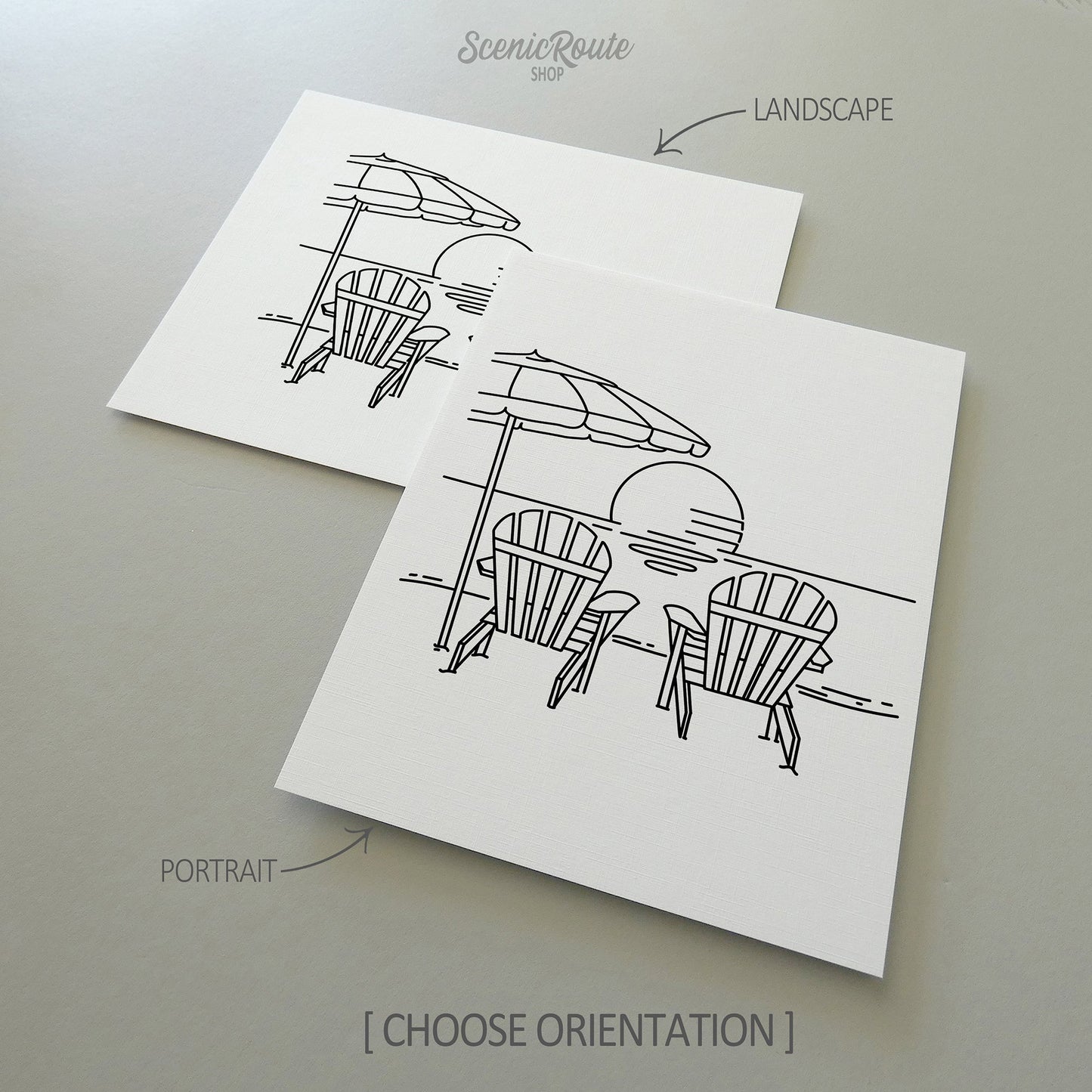 Two line art drawings of Adirondack Beach Chairs on white linen paper with a gray background.  The pieces are shown in portrait and landscape orientation for the available art print options.