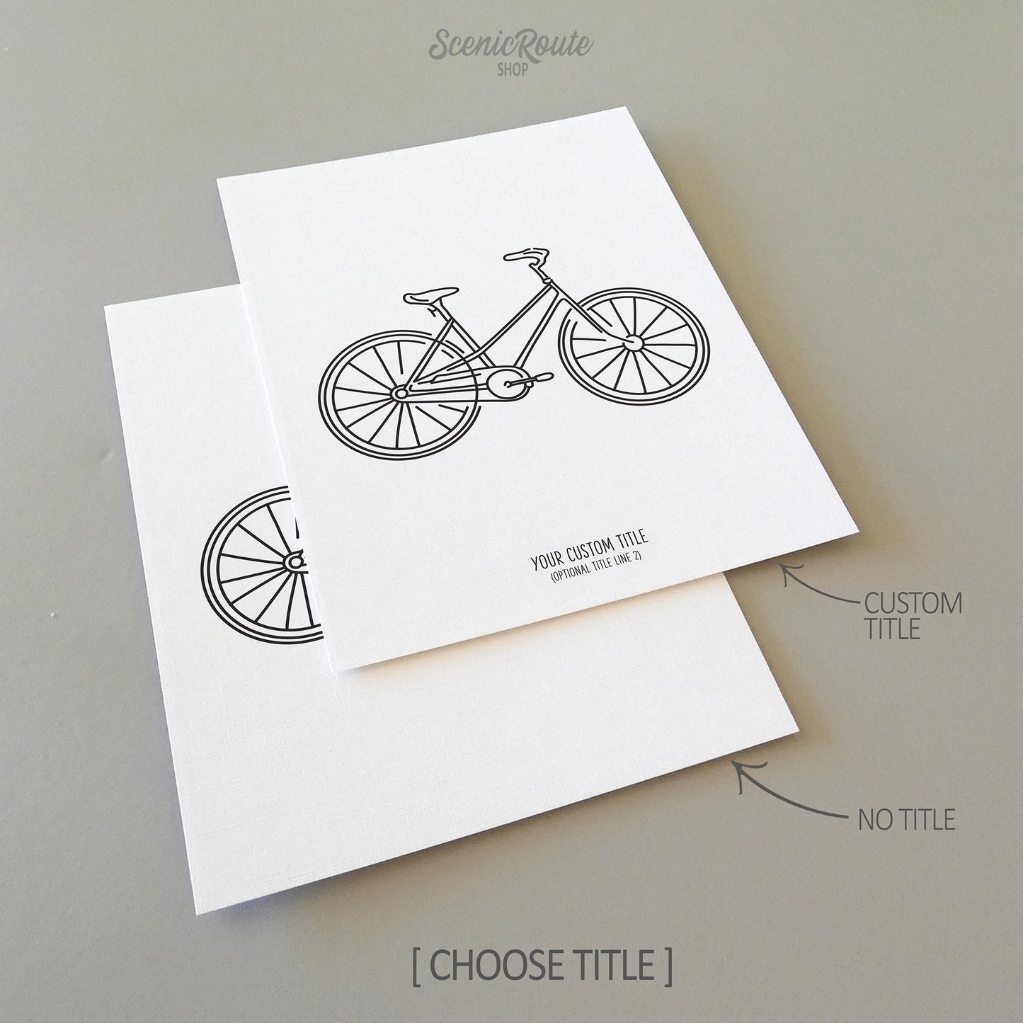 Two line art drawings of a Bicycle on white linen paper with a gray background.  The pieces are shown with “No Title” and “Custom Title” options for the available art print options.