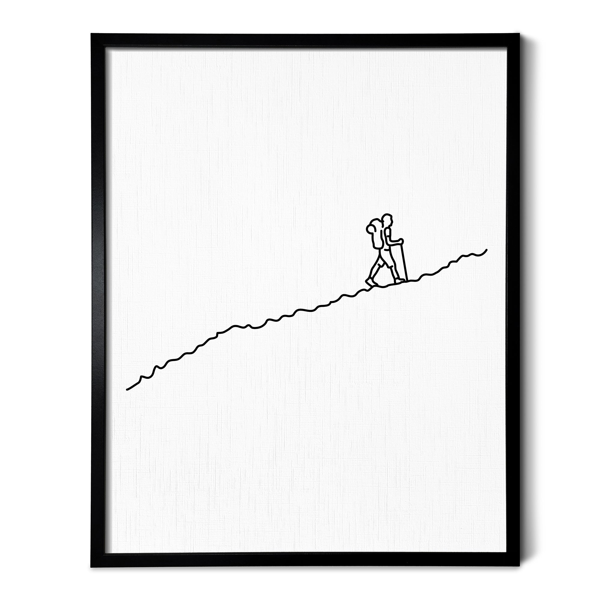 A line art drawing of Hiking on white linen paper in a thin black picture frame